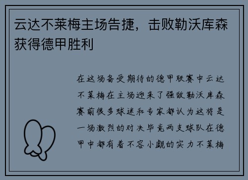 云达不莱梅主场告捷，击败勒沃库森获得德甲胜利